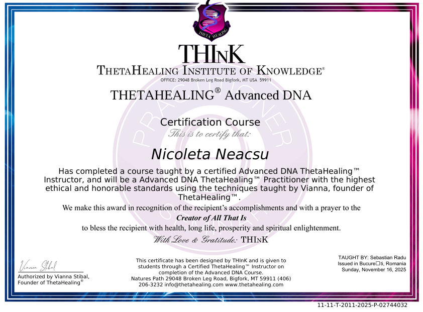 Certificat ThetaHealing Advanced DNA - Nicoleta Neacșu