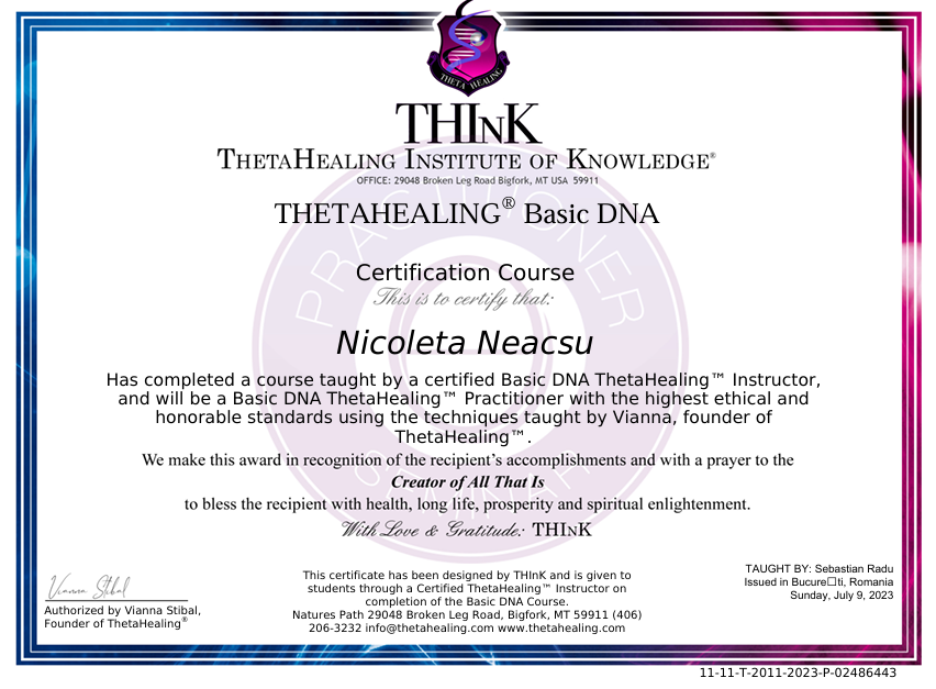 Certificat ThetaHealing Basic DNA - Nicoleta Neacșu
