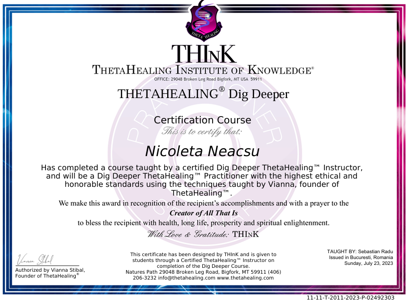 Certificat ThetaHealing Dig Deeper - Nicoleta Neacșu