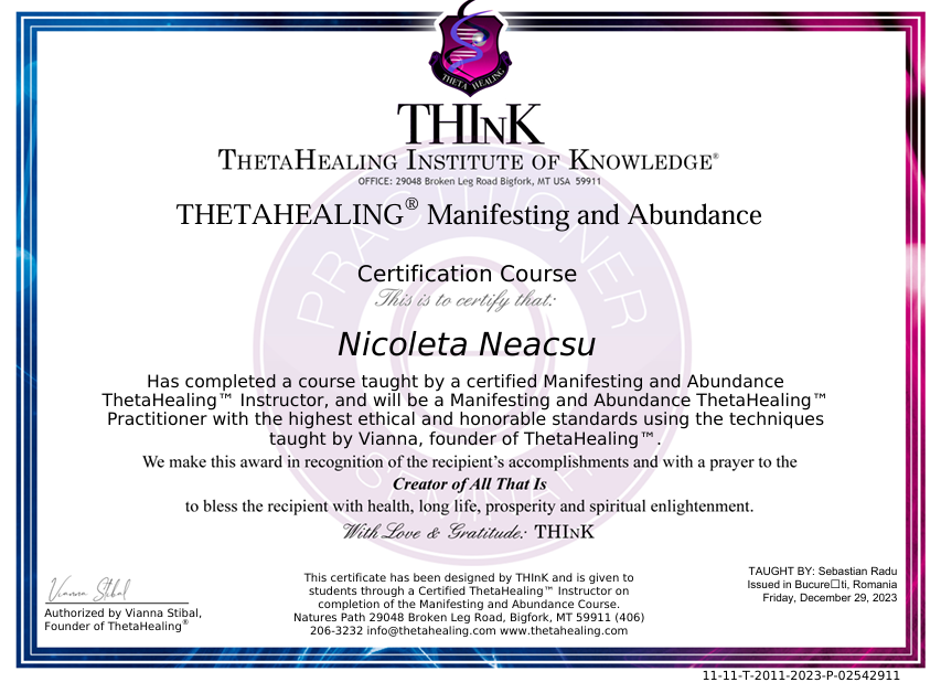 Certificat ThetaHealing Manifesting and Abundance - Nicoleta Neacșu