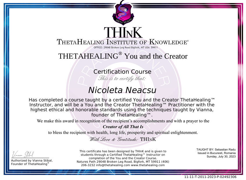 Certificat ThetaHealing You and the Creator - Nicoleta Neacșu
