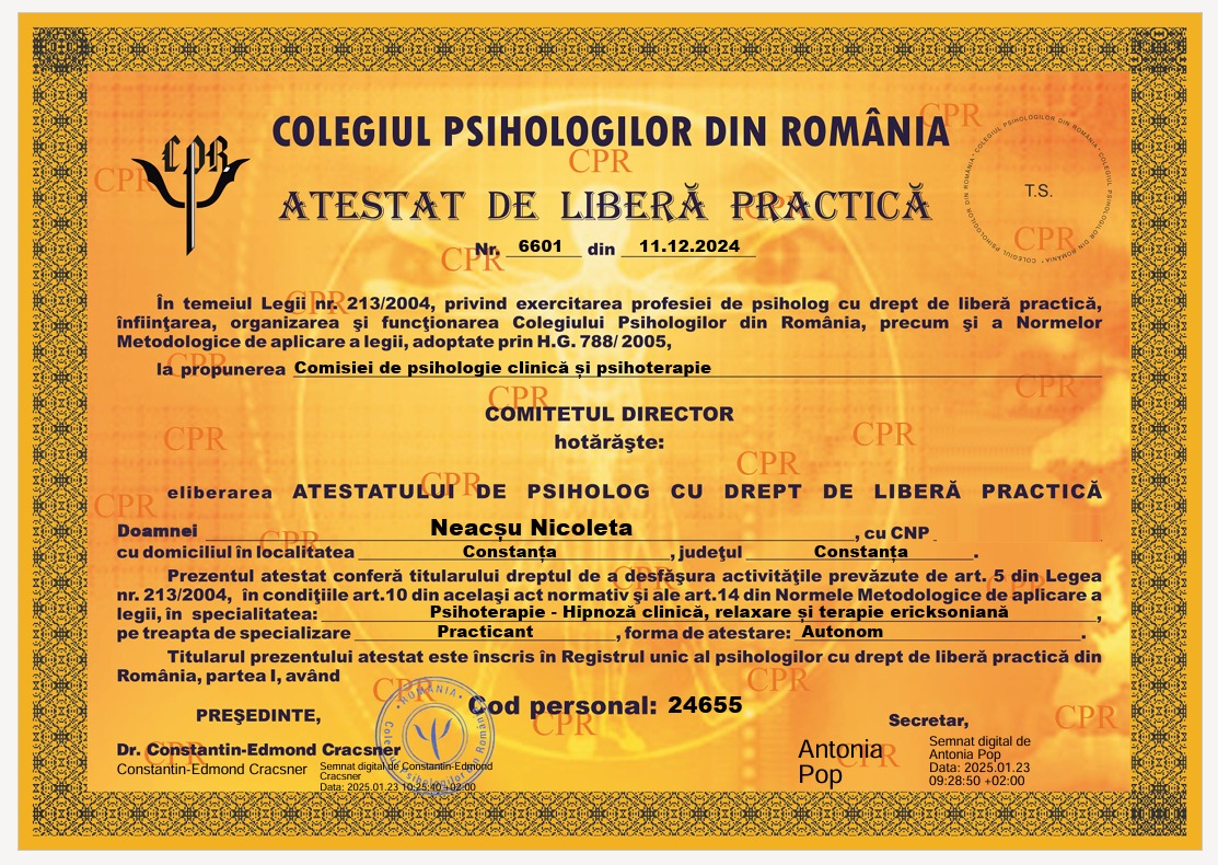 Atestat de liberă practică psihoterapeut - Colegiul Psihologilor din România