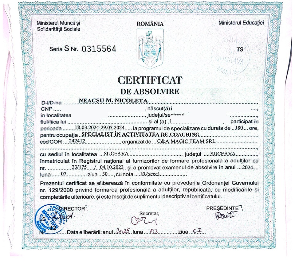 Certificat de absolvire specialist în activitatea de coaching
